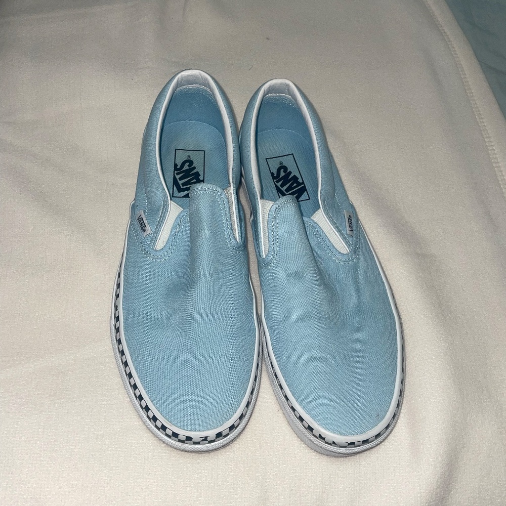 Blue with Black and White Checkered Slip-On Vans, Men’s 8, Women’s 9.5